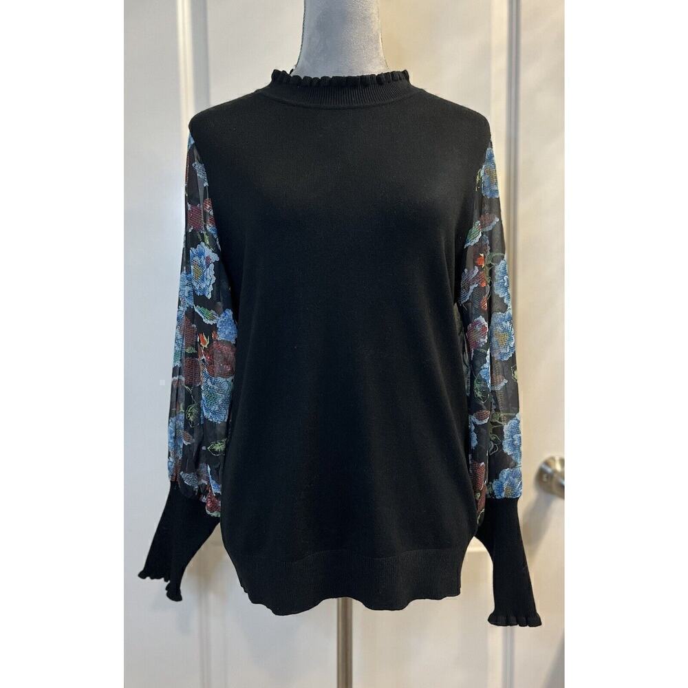 Siani Milano Ruffle Neck Floral Sleeve Sweater Jumper Womens Sz L Soft